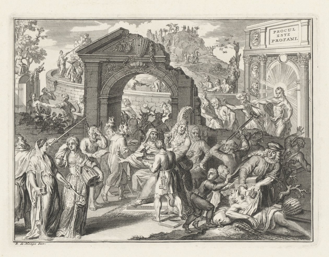 Spotprent op de Schouwburgstrijd, ca. 1685 door Bernard Picart (attributed to)