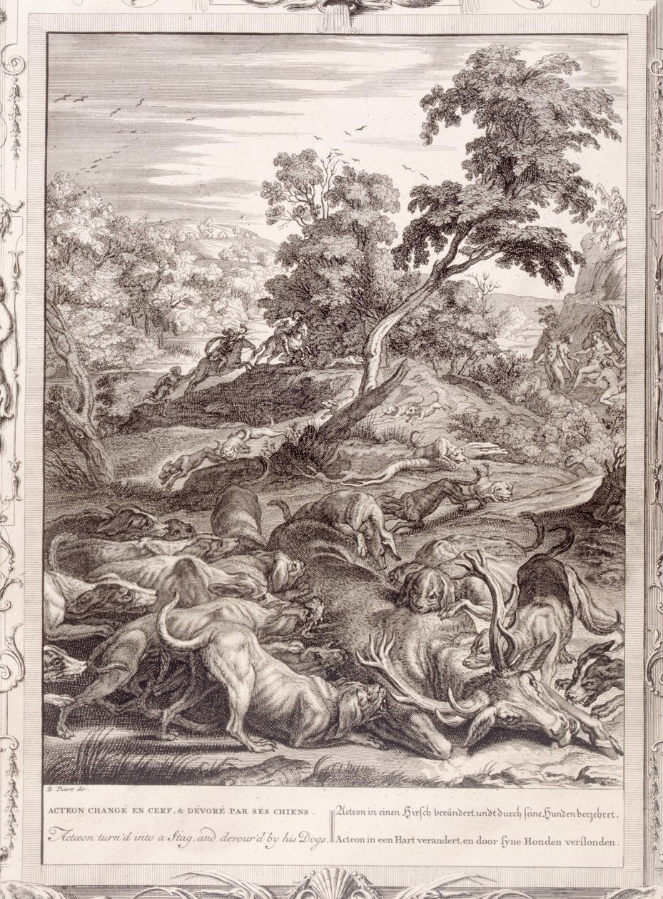 Actaeon veranderd in een hert en verslonden door zijn honden, 1731 door Bernard Picart