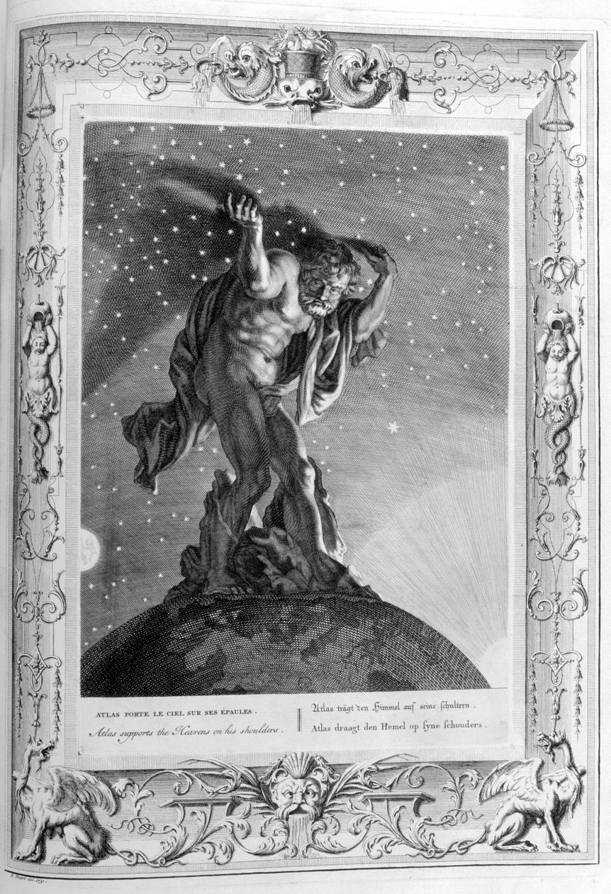 Atlas draagt de hemel op zijn schouders, 1733 door Bernard Picart