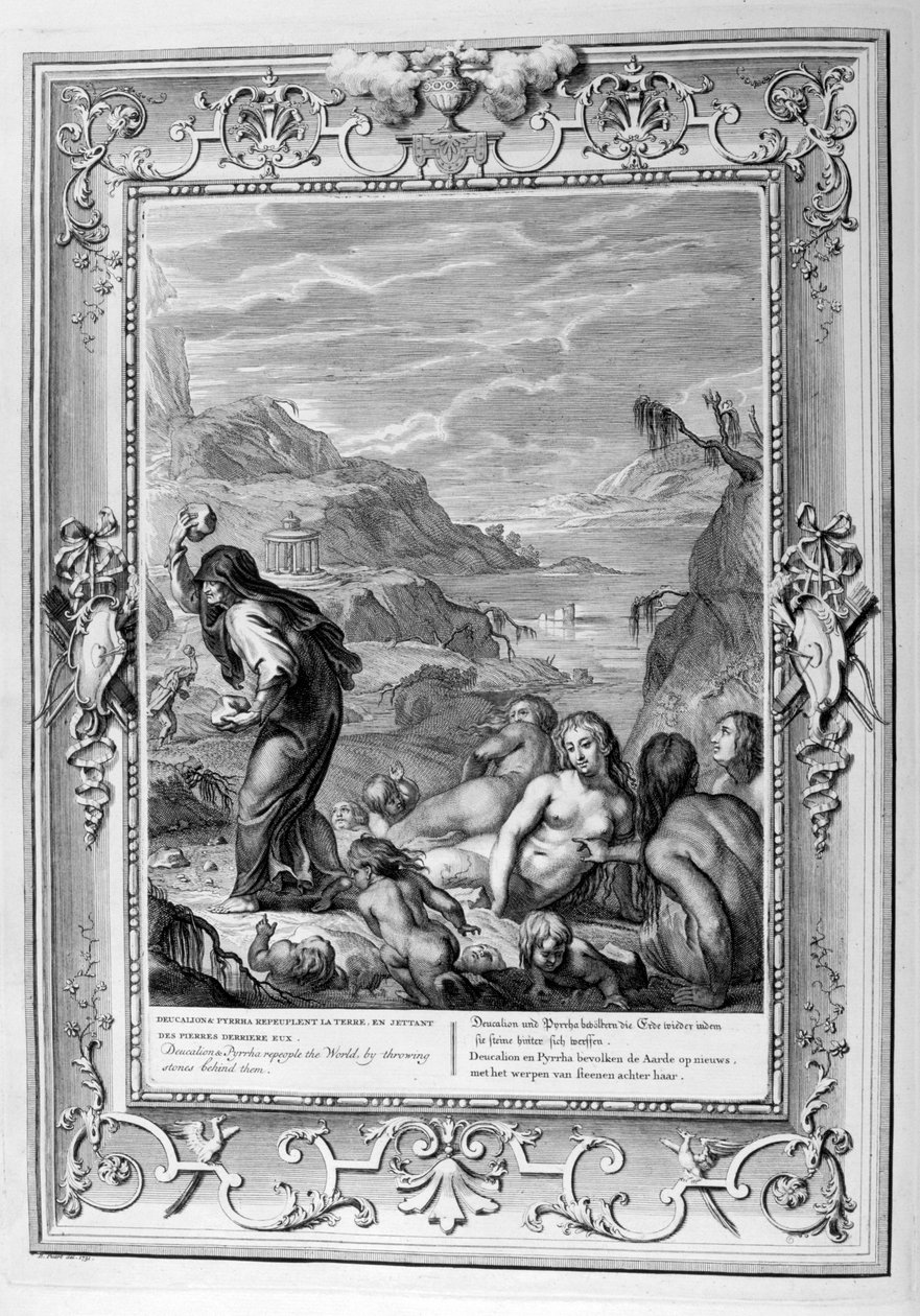 Deucalion en Pyrrha bevolken de wereld opnieuw door stenen achter zich te gooien, 1733 door Bernard Picart