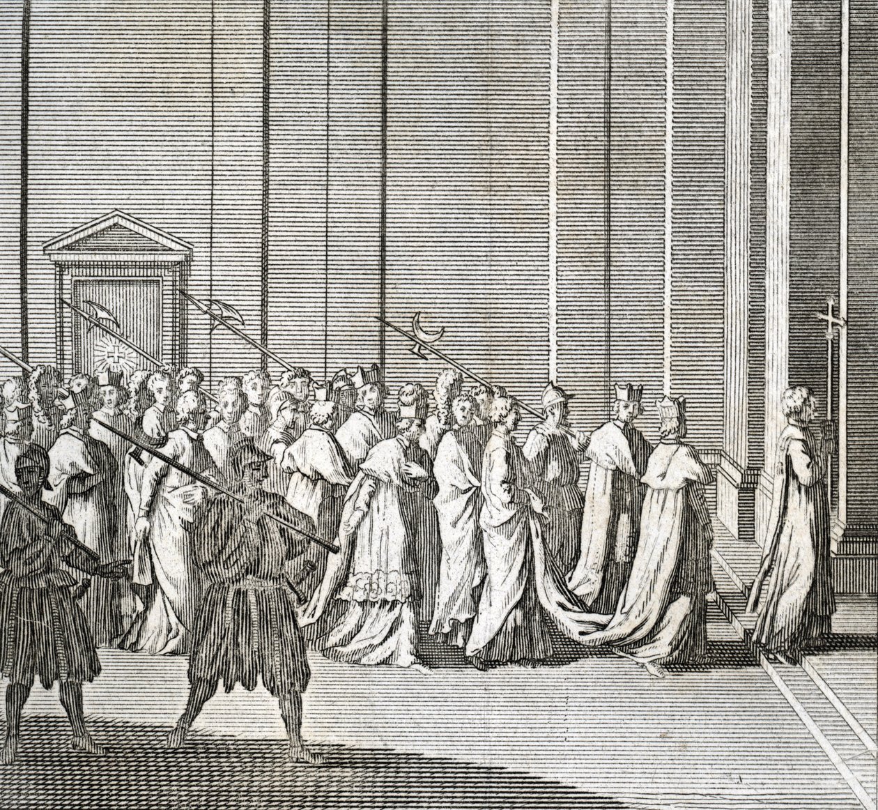 Verschillende stadia van het conclaaf, bijeenkomst van kardinalen voor de verkiezing van een nieuwe paus: de ingang van de kardinalen in de Sixtijnse kapel (Vaticaan: ingang van de kardinalen) Gravure uit "Illustratie van ceremonies en religieuze gebruiken door Bernard Picart
