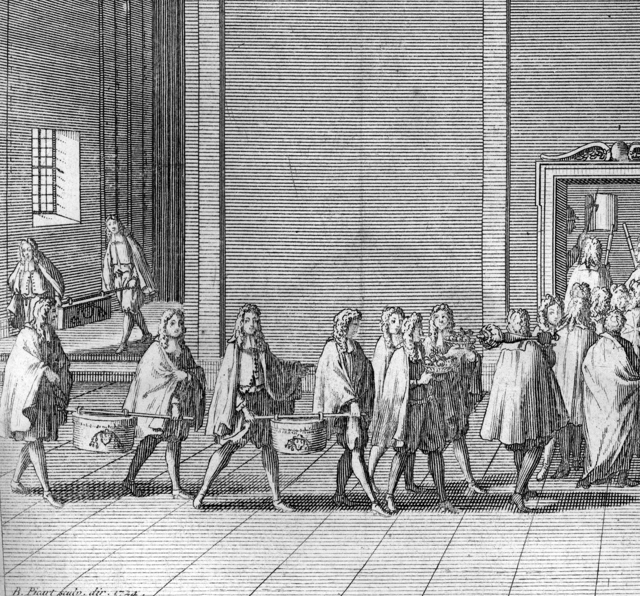 Verschillende stadia van het conclaaf, bijeenkomst van de kardinalen voor de verkiezing van een nieuwe paus: de rantsoenen worden gemaakt tijdens het conclaaf (Vaticaan: aankomst van voedsel tijdens het conclaaf) Gravure uit Illustratie van religieuze cere door Bernard Picart