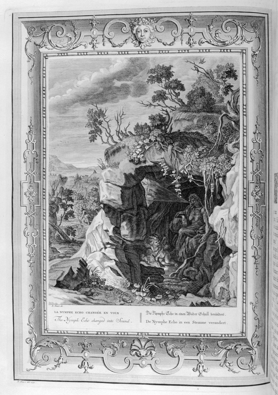 Echo verandert haar stem om te klinken als een oude vrouw (gravure) door Bernard Picart