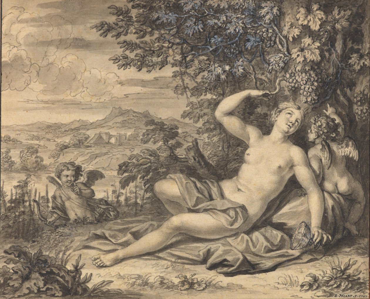 Erigone verleid door Bacchus door Bernard Picart