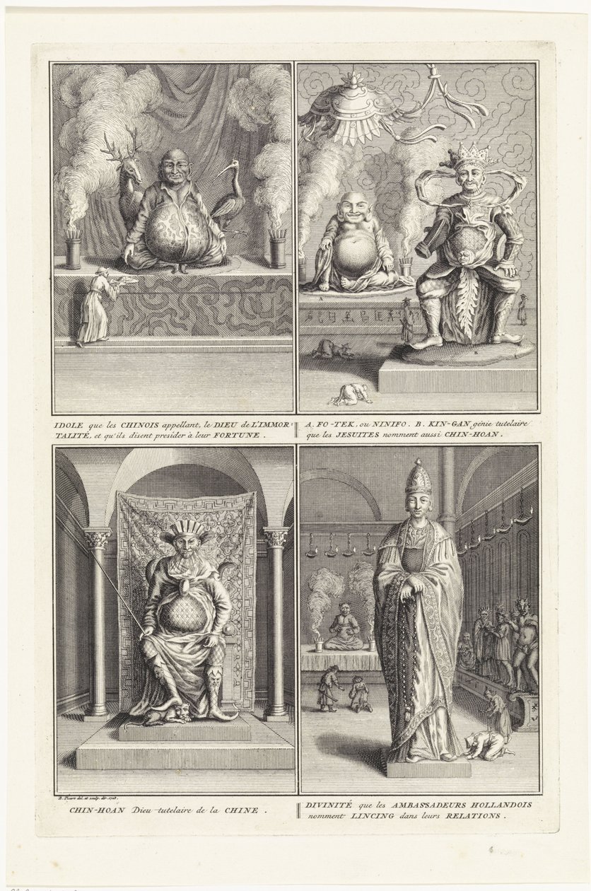 Vier Chinese goden, 1728 door Bernard Picart