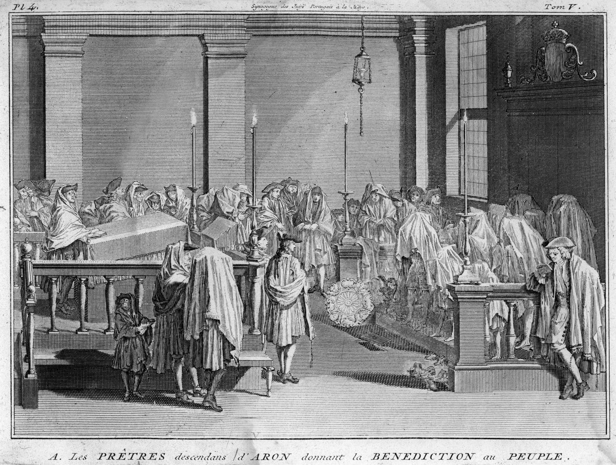 Hogepriester van Israël die behoort tot de Joodse priesterlijke families die hun vaderlijke lijn terugvoeren naar Aäron, geven hun zegen aan het Joodse volk. Gravure uit 