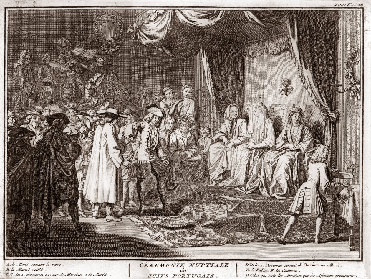 Joodse bruiloft in de Joods-Portugese gemeenschap, gravure uit 