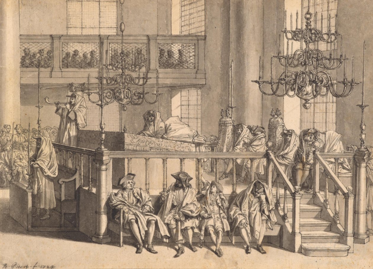 Joodse nieuwjaar in de Portugese synagoge te Amsterdam door Bernard Picart