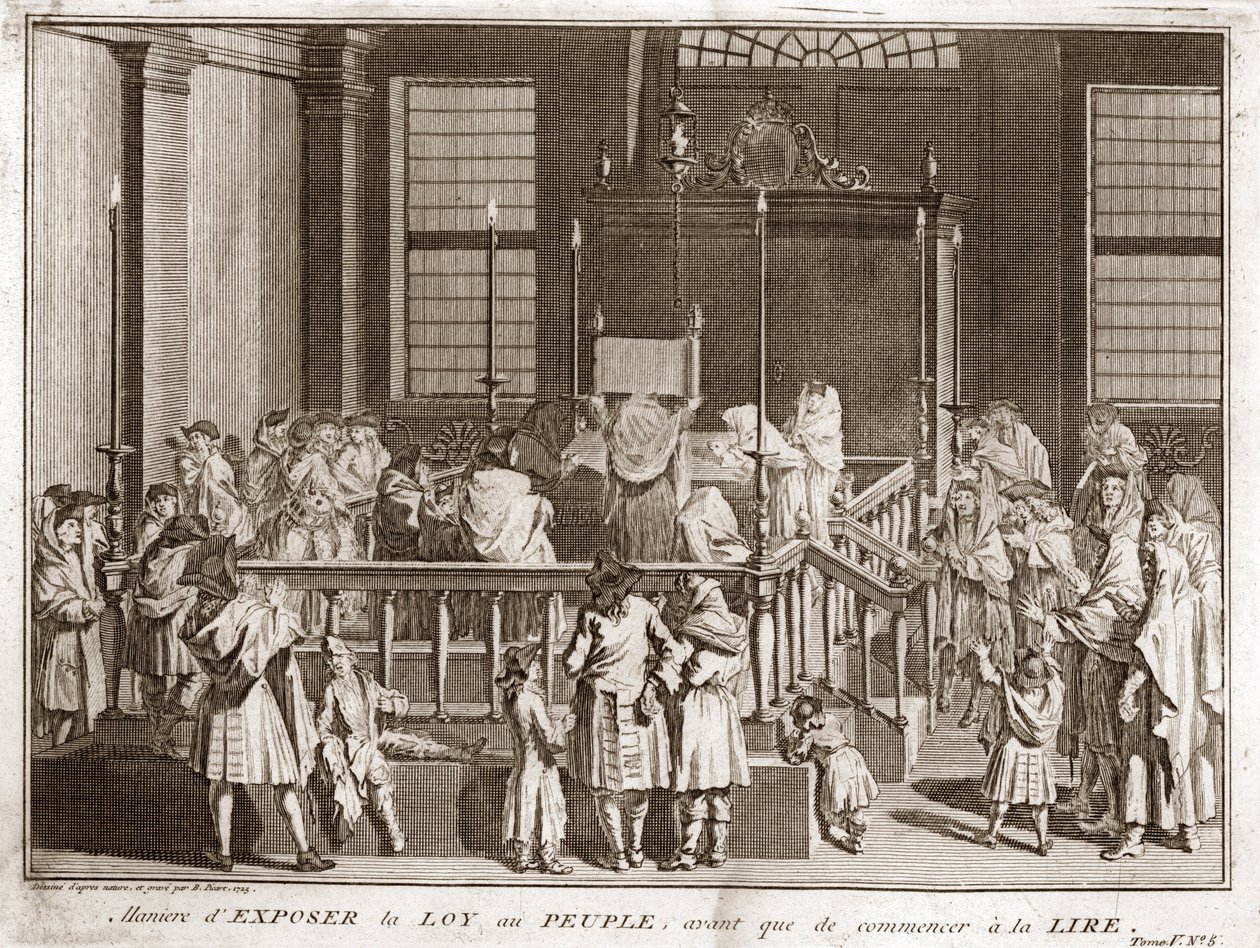 Jodendom: vertoning van de Thora in een Synagoge voor de lezing) Gravure uit Illustratie de ceremonies et customs religieuses de tous les peuples du monde door Bernard Picart (1723-1743) 1819 Privécollectie door Bernard Picart