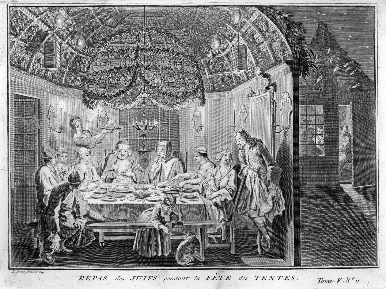 Jodendom: maaltijd voor het Joodse volk tijdens Soekot (loofhuttenfeest) Gravure uit “Illustratie van ceremonies en religieuze gebruiken van alle volkeren ter wereld” door Bernard Picart (1723-1743) 1819 Privécollectie door Bernard Picart