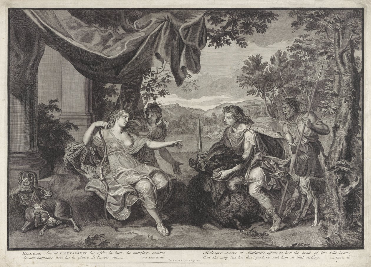 Meleager geeft de kop van het Caledonische zwijn aan Atalanta door Bernard Picart