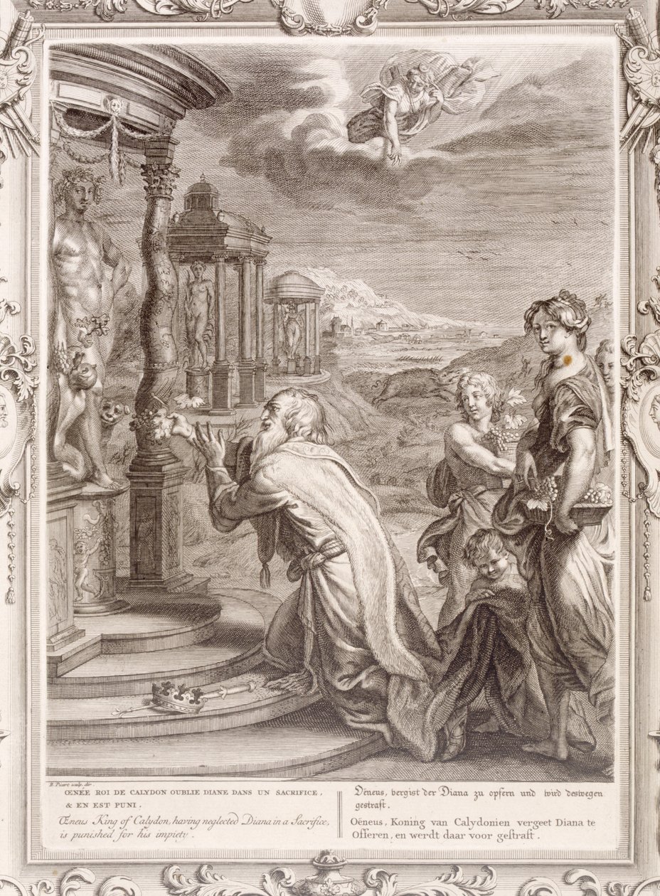 Oeneus, Koning van Calydon, die Diana verwaarloosde in een offer en gestraft wordt voor zijn goddeloosheid, 1731 door Bernard Picart