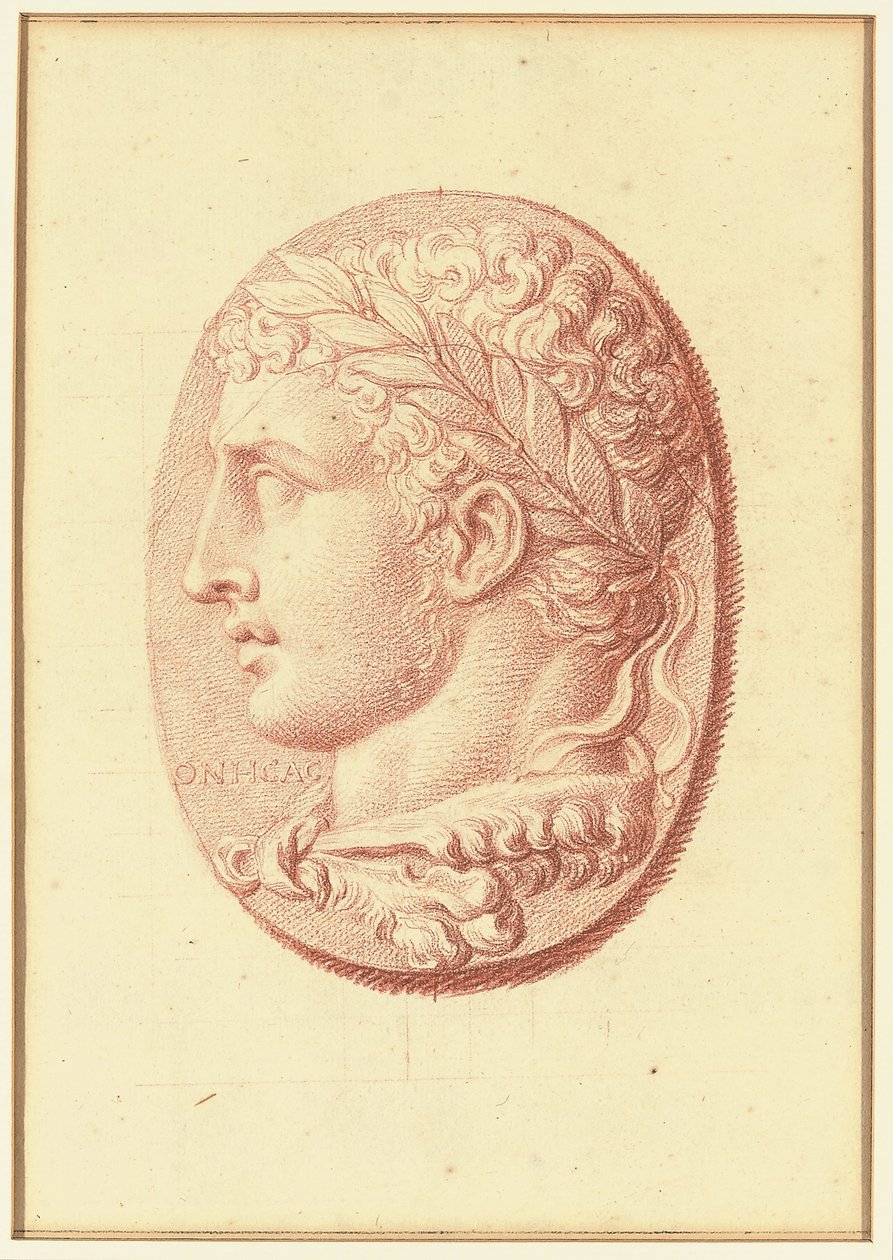 Een van vier studies naar cameeën, drie met klassieke profielportretten en een met een fragmentair reliëf van Cupido en twee leeuwen die een wagen trekken door Bernard Picart