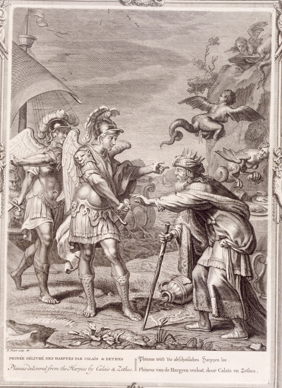 Phineus wordt bevrijd van de Harpijen door Calais en Zethes, 1731 door Bernard Picart