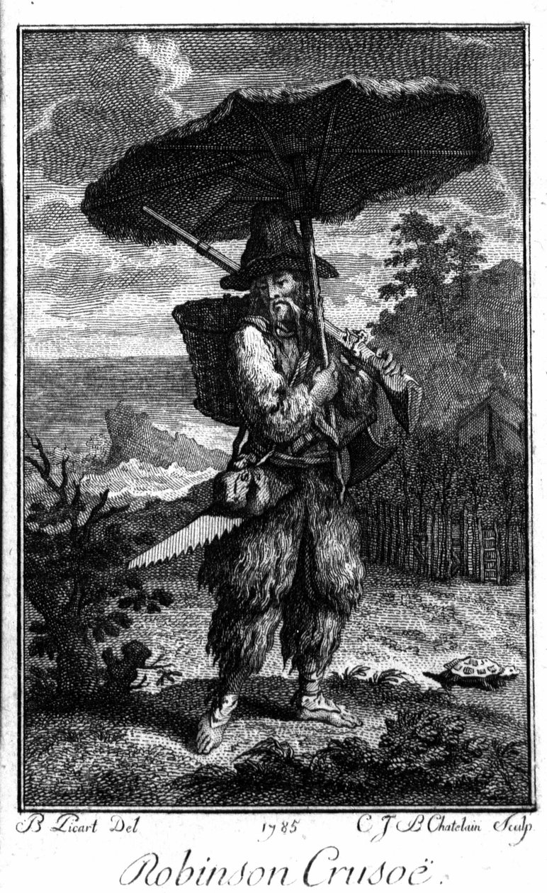 Voorstelling van Robinson Crusoe op zijn verlaten eiland. Gravure door Bernard Picart (1673-1733) ter illustratie van de roman van Daniel Defoe of De Foe (1660-1731) door Bernard Picart