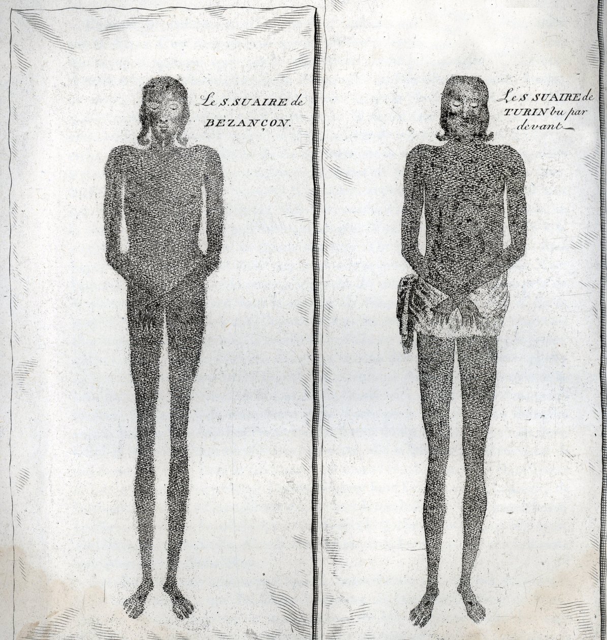 Voorstelling van de Lijkwade van Besançon en de Lijkwade van Turijn, gravure uit 