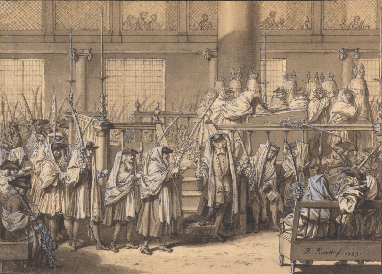Rondgang met palmtakken tijdens het Loofhuttenfeest in de Portugese synagoge te Amsterdam door Bernard Picart