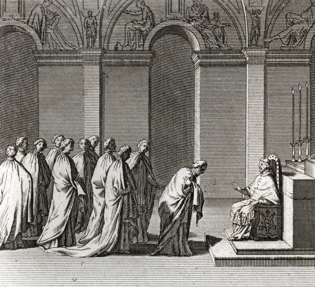 Plechtige Inauguratie van het Pontificaat: De Aanbidding van de Paus in de Sixtijnse Kapel (Pauselijke Inauguratie: Aanbidding van de Paus in de Sixtijnse Kapel) Gravure uit Illustratie van Ceremonies en Religieuze Gebruiken van Alle Volkeren van de Wereld door Bernard Picart