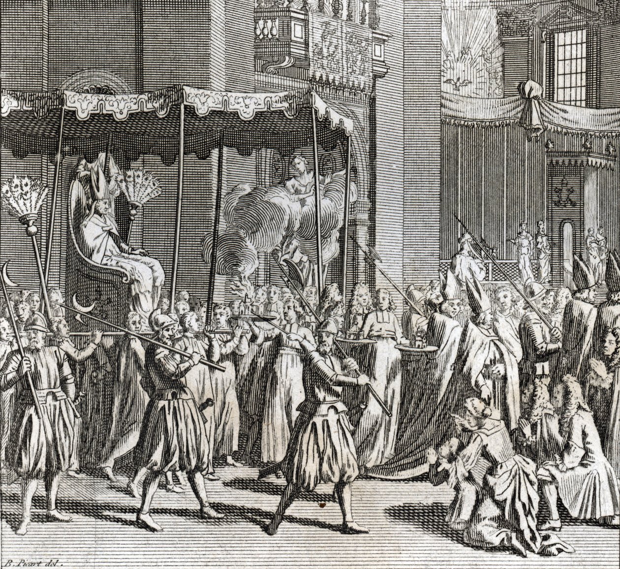 Plechtige Inauguratie van het Pontificaat: het verbranden van een doek) Gravure uit Illustratie de ceremonies et customs religieuses de tous les peuples du monde door Bernard Picart (1723-1743) 1819 Privécollectie door Bernard Picart