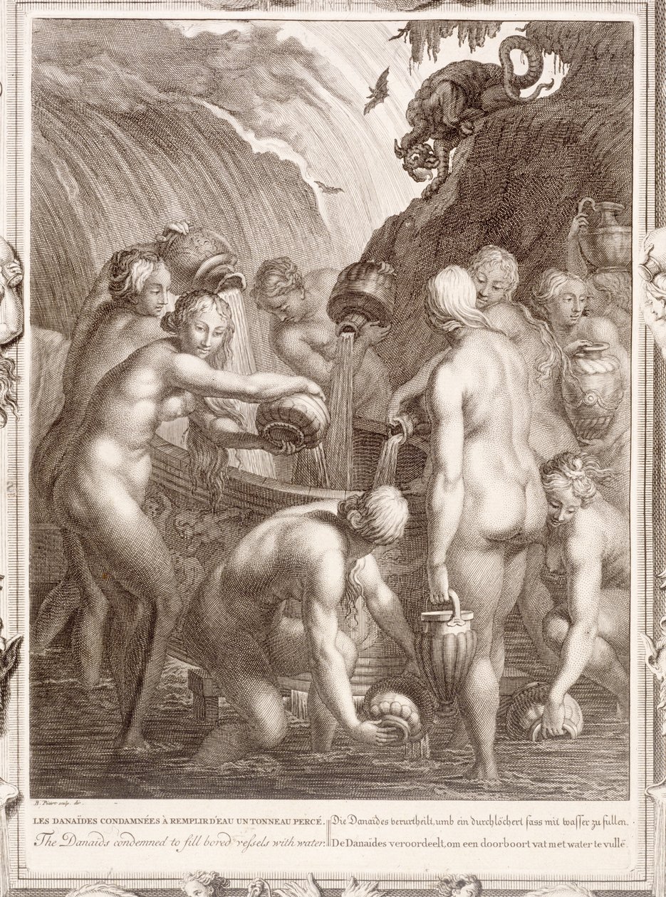 De Danaïden veroordeeld om geperforeerde vaten met water te vullen, 1730 door Bernard Picart