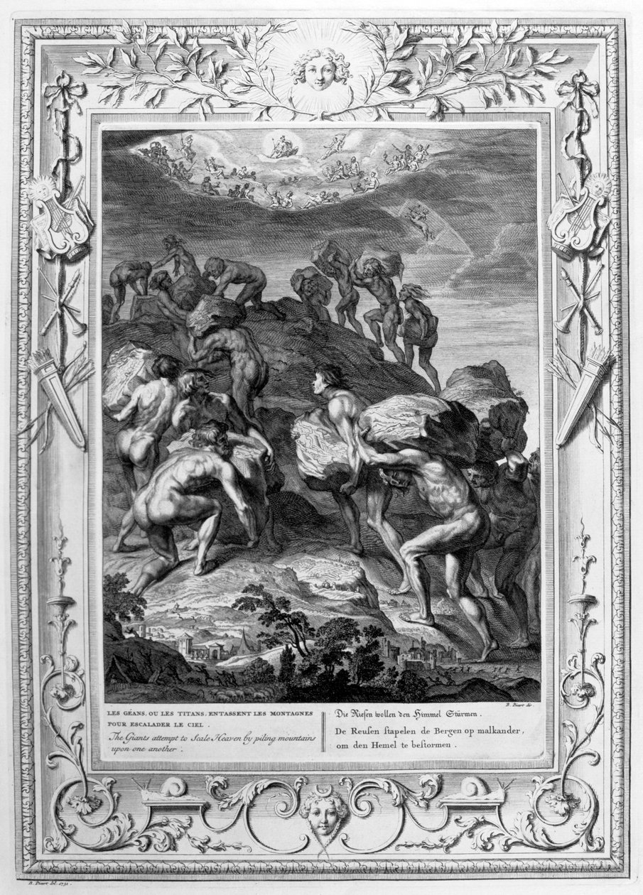 De reuzen proberen de hemel te beklimmen door bergen op elkaar te stapelen, 1733 door Bernard Picart
