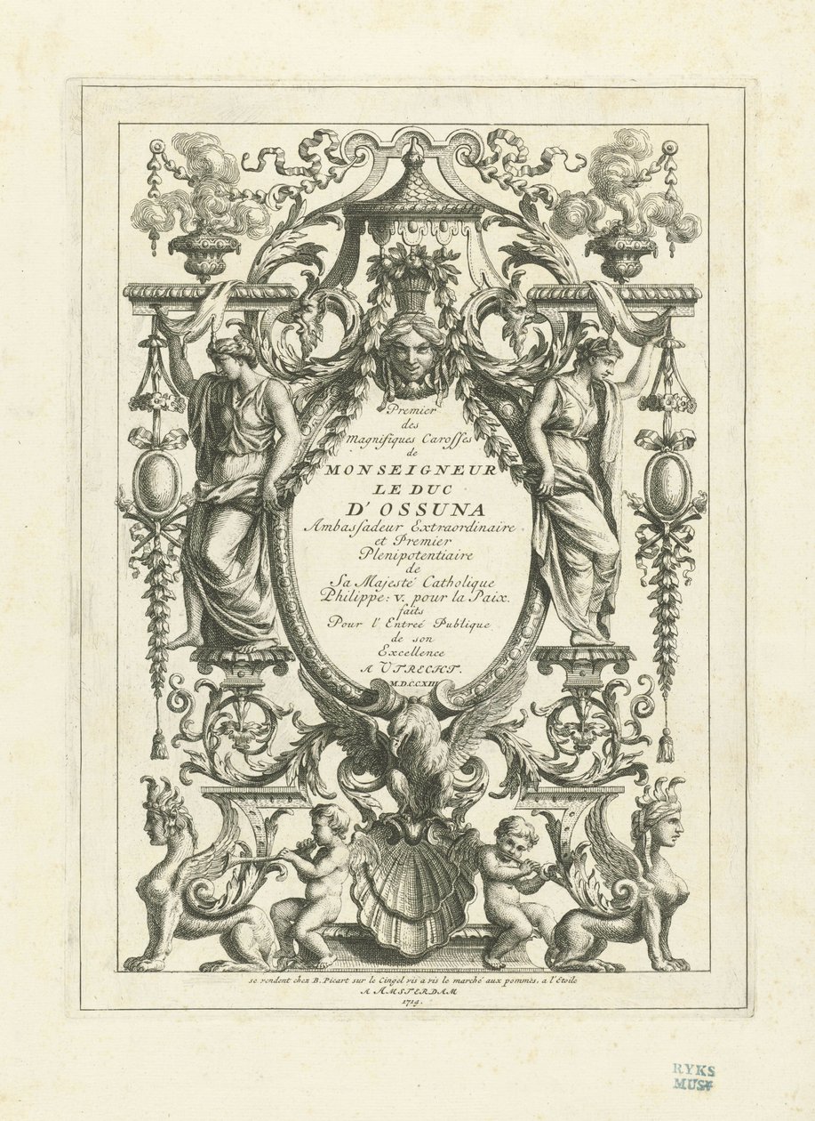 Titelprent voor de serie platen van de staatskoets van de hertog van Osuna, 1713 door Bernard Picart