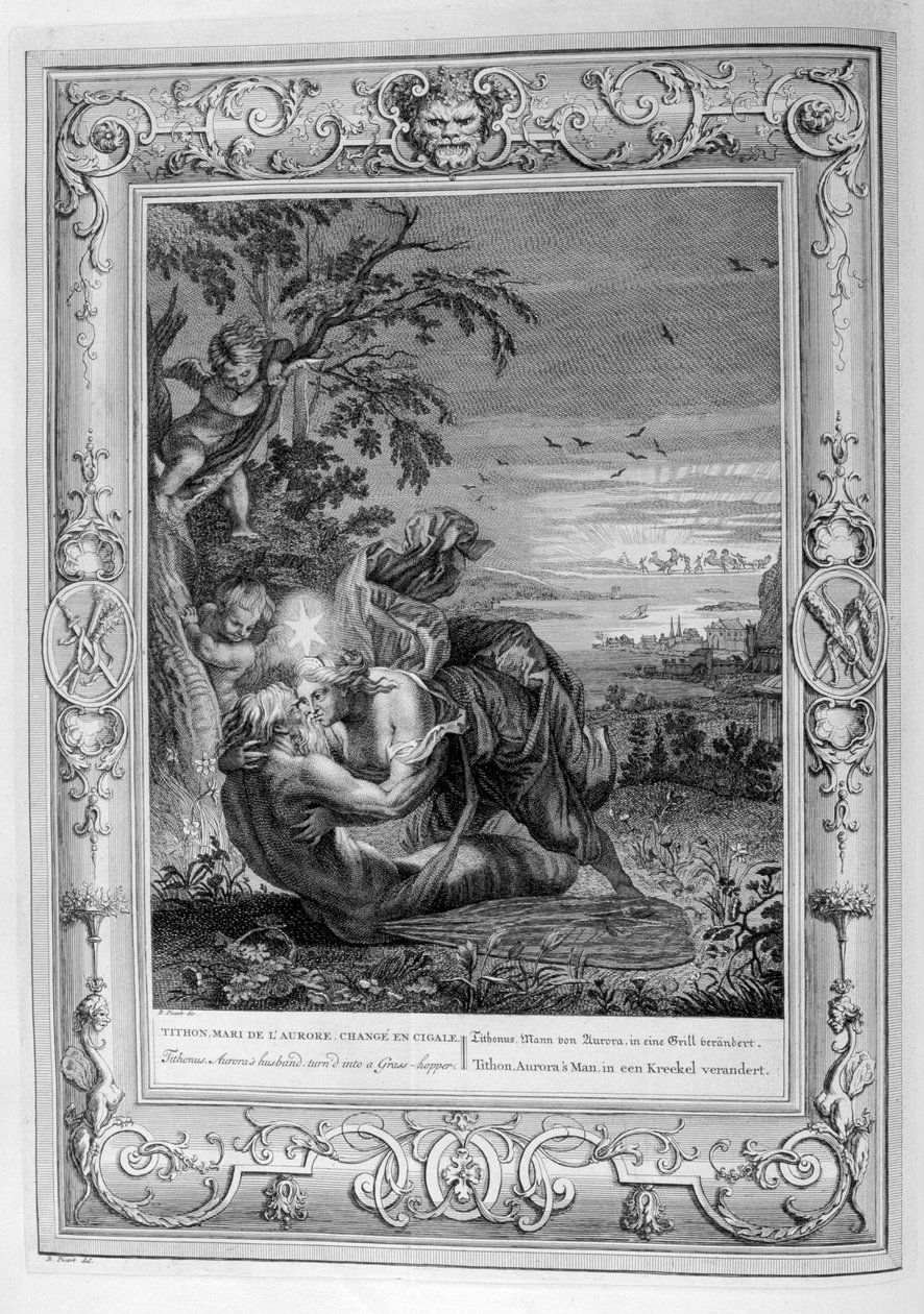 Tithonus, echtgenoot van Aurora, veranderd in een sprinkhaan, 1733 door Bernard Picart