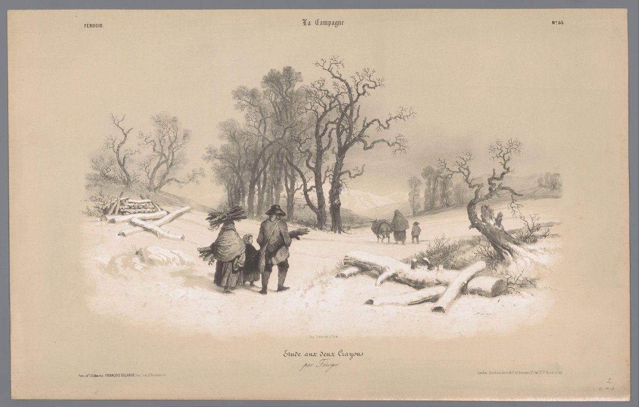 Gezin sprokkelt hout in de sneeuw door Bernard Romain Julien
