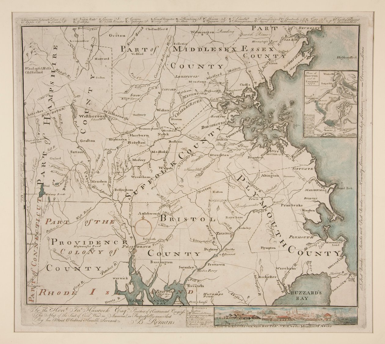 Kaart van Boston en omgeving, ca. 1775 door Bernard Romans