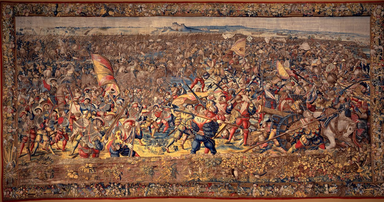 De slag om Pavia: Nederlaag van de Franse cavalerie en de keizerlijke infanterie grijpt de vijandelijke artillerie door Bernard van & Dermoyen Willem (active 1520-1530s) Orley