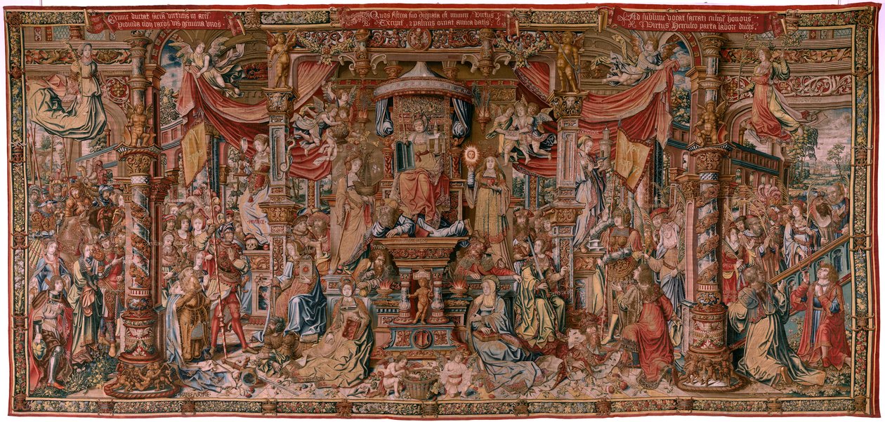 Vlaamse wandtapijt. Serie De Eerbewijzen. Geloof. Eerste wandtapijt in de serie. Model Cartonisten uit de kring van Bernard van Orley en Jan Gossaert (Mabuse). Fabrikant Pieter van Aelst, Brussel. Ca 1550. door Bernard van Orley