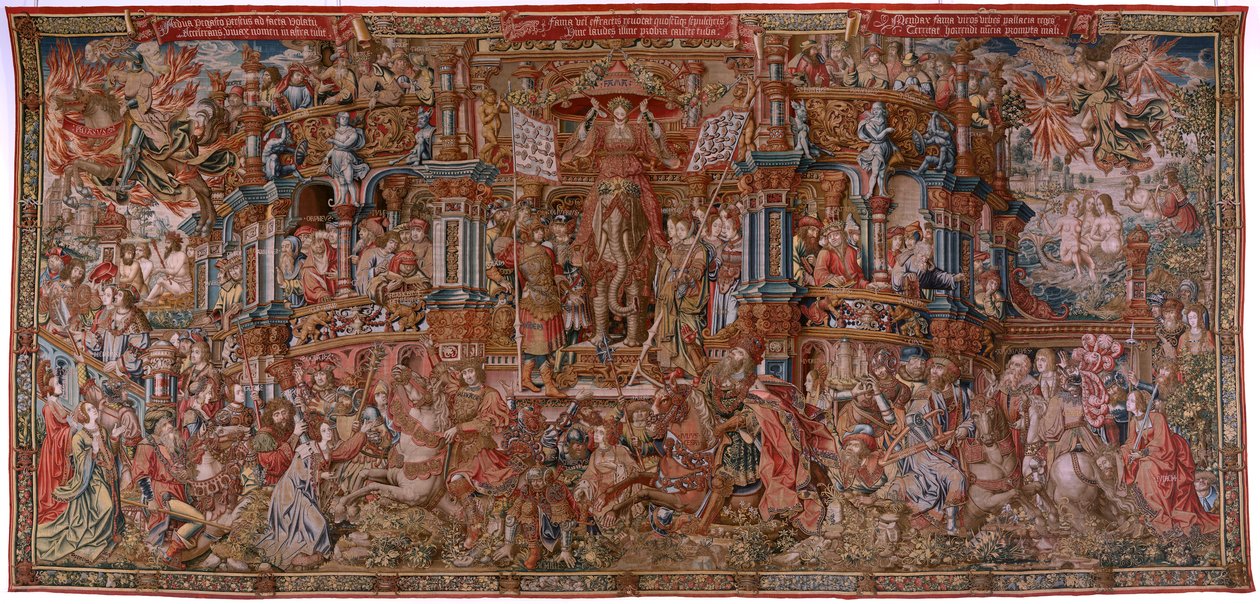 Vlaamse wandtapijt. Serie De Eerbewijzen. Roem (La Fama). Derde wandtapijt in de serie. Model Cartonisten uit de kring van Bernard van Orley en Jan Gossaert (Mabuse). Fabriek Pieter van Aelst, Brussel. Ca 1550. Stof Goud, zilver, zijde en wol. door Bernard van Orley