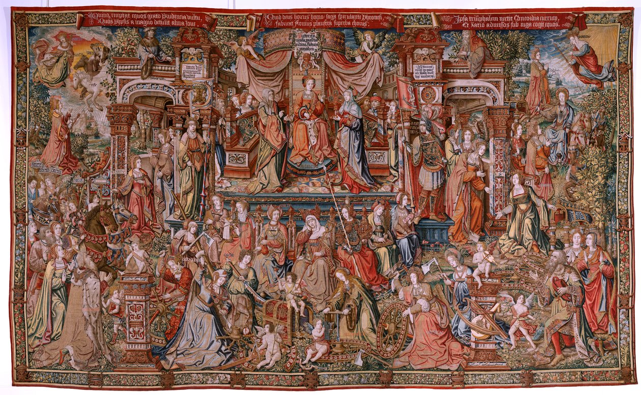 Vlaamse wandtapijt. Serie De Eerbewijzen; Voorzichtigheid (La Prudencia). Zevende wandtapijt in de serie. Model Cartonisten uit de kring van Bernard van Orley en Jan Gossaert (Mabuse). Fabriek Pieter van Aelst, Brussel. Ca 1550. Stof Goud, zilver, zijde en door Bernard van Orley