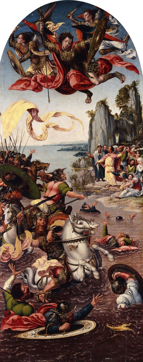 Mozes scheidt de Rode Zee in de aanwezigheid van Sint-Michiel door Bernard van Orley