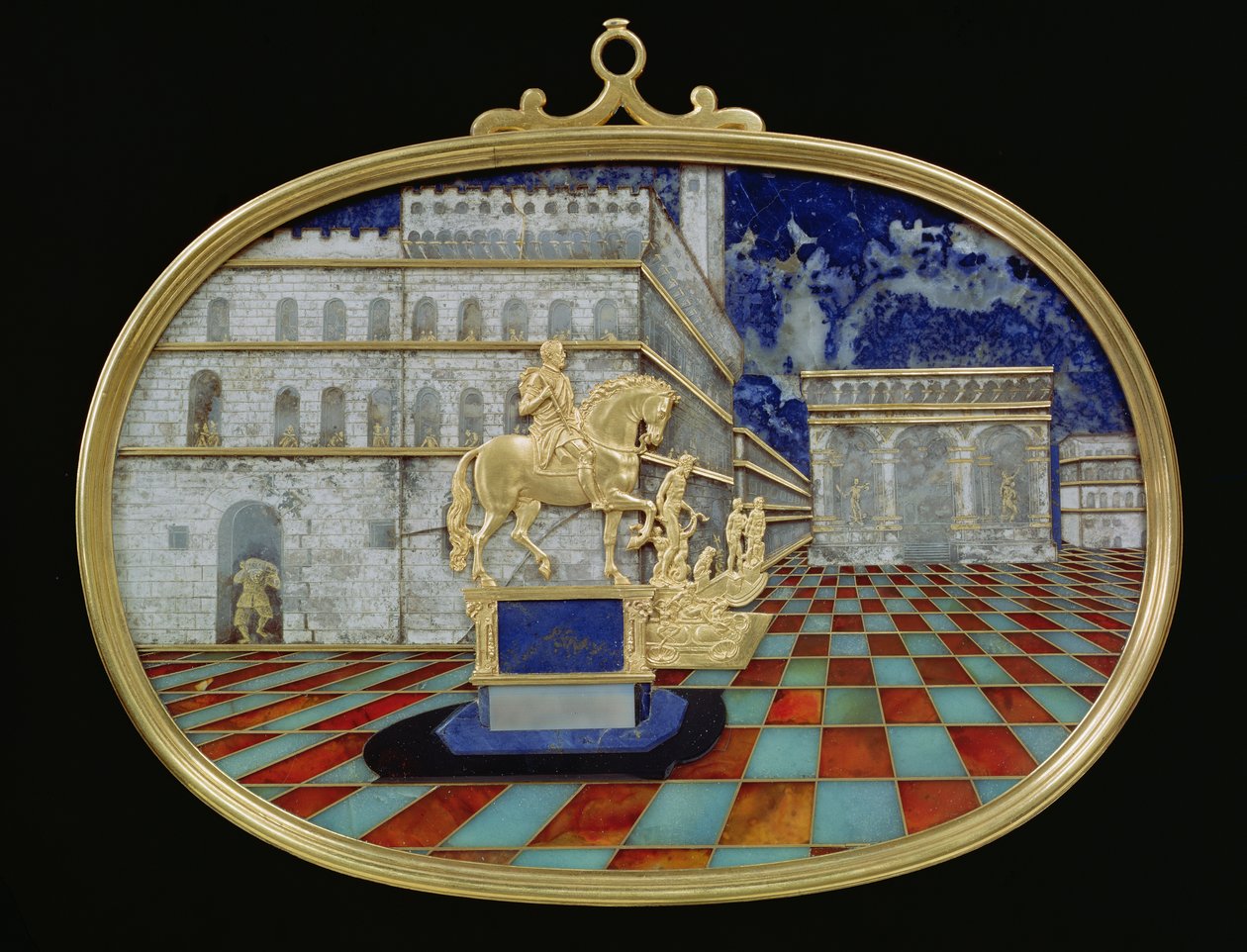 Miniatuurmozaïek van een Italiaans piazza, waarschijnlijk Florence, met bronzen beelden en een ruiterstandbeeld, mozaïek door Gaffuri en gouden bas-reliëfs door Bilivelt door Bernardino and Bilivert, Jacopo Gaffuri