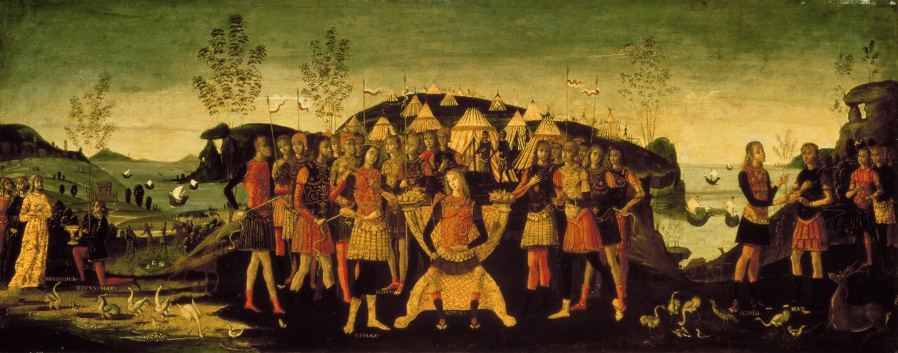 Scipio Africanus (237-183 v.Chr.), Romeinse generaal, met de gevangen Numidische prins Sphax, wiens vrouw Sophonisba, een Carthaagse edelvrouw, links staat, ca.1490 door Bernardino Fungai