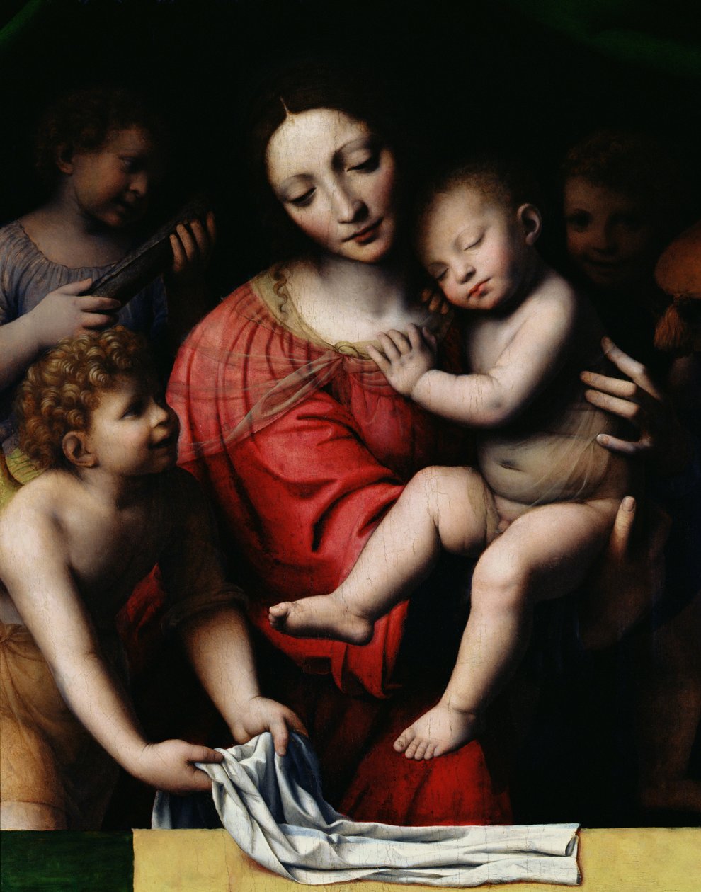 De slapende Jezus, of Madonna met het slapende Kind, vergezeld door drie engelen, 1532 door Bernardino Luini