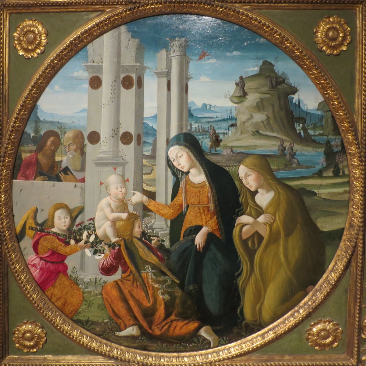 Bernardino Fungai - Madonna en kind met heiligen en engelen door Bernardino Fungai