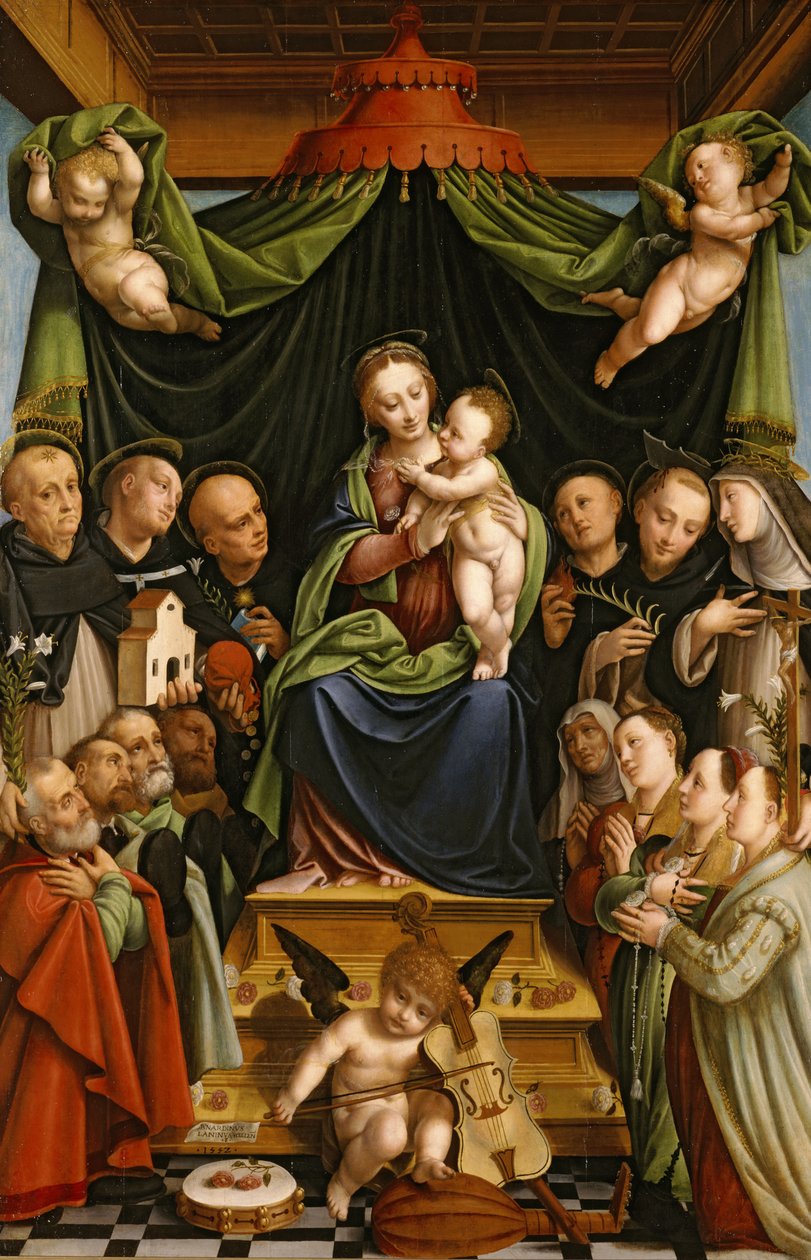Madonna en Kind op de Troon met Heiligen en Schenkers door Bernardino Lanino