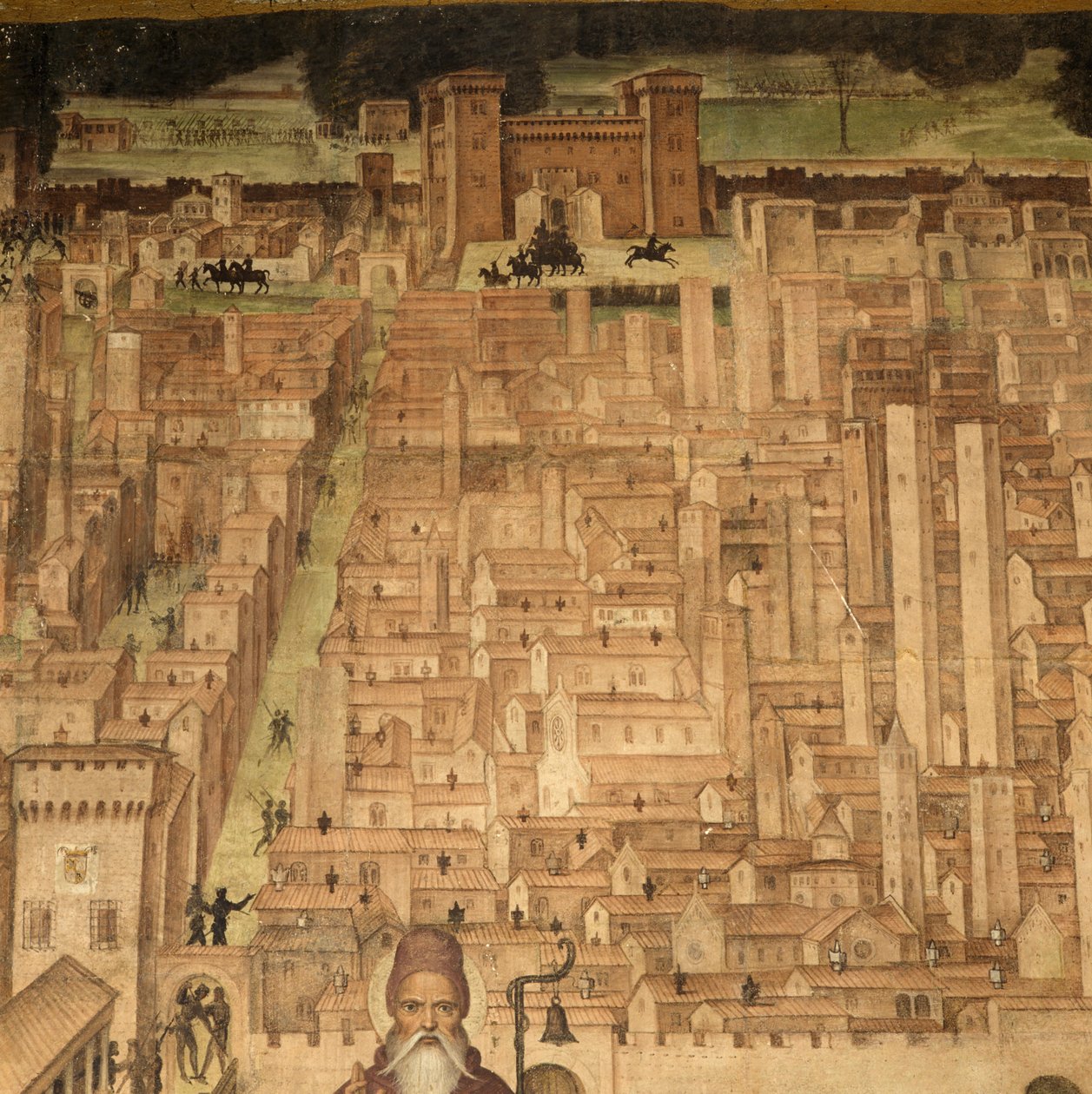 St. Antonius en uitzicht op Pavia, detail uit Verhalen van St. Theodoor cyclus, fresco