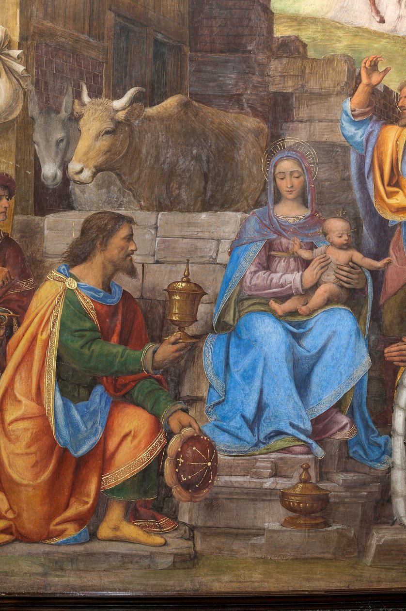 Detail van de Aanbidding van de Drie Wijzen, Presbyterium of Hoofdkapel door Bernardino Luini