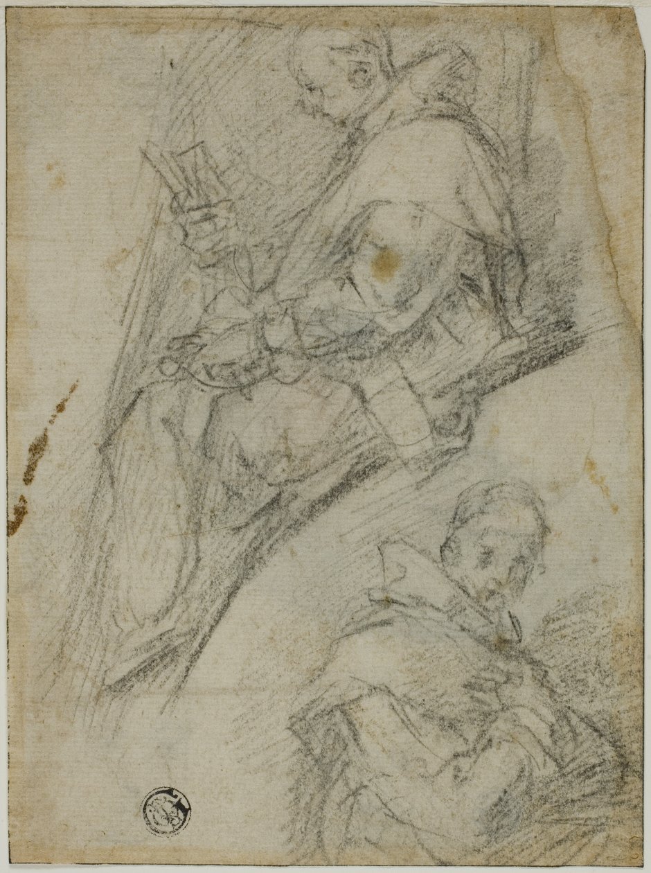 Twee studies van kartuizers (recto); Drie schetsen van hoofden van kartuizers (verso) door Bernardino Poccetti