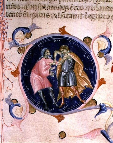 Miniatuur van twee ruziënde mannen, uit de Bijbel van Karel V van Valois door Bernardino da Modena