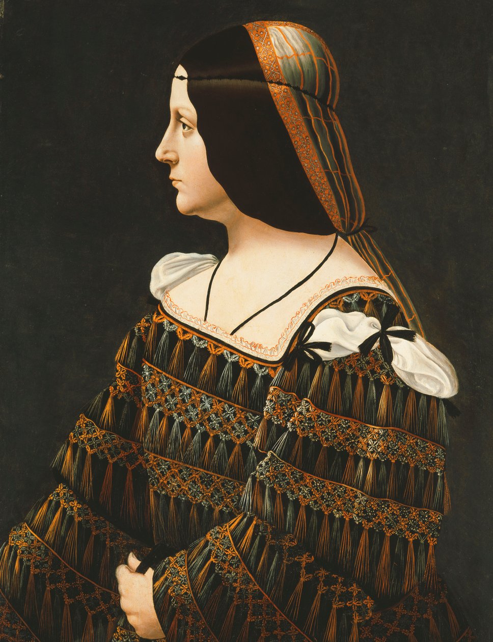 Portret van een dame, halve lengte, in profiel, in een zwarte jurk versierd met kant, met hangende kwasten en gespleten schouders en een oranje en grijze snood door Bernardino de Conti