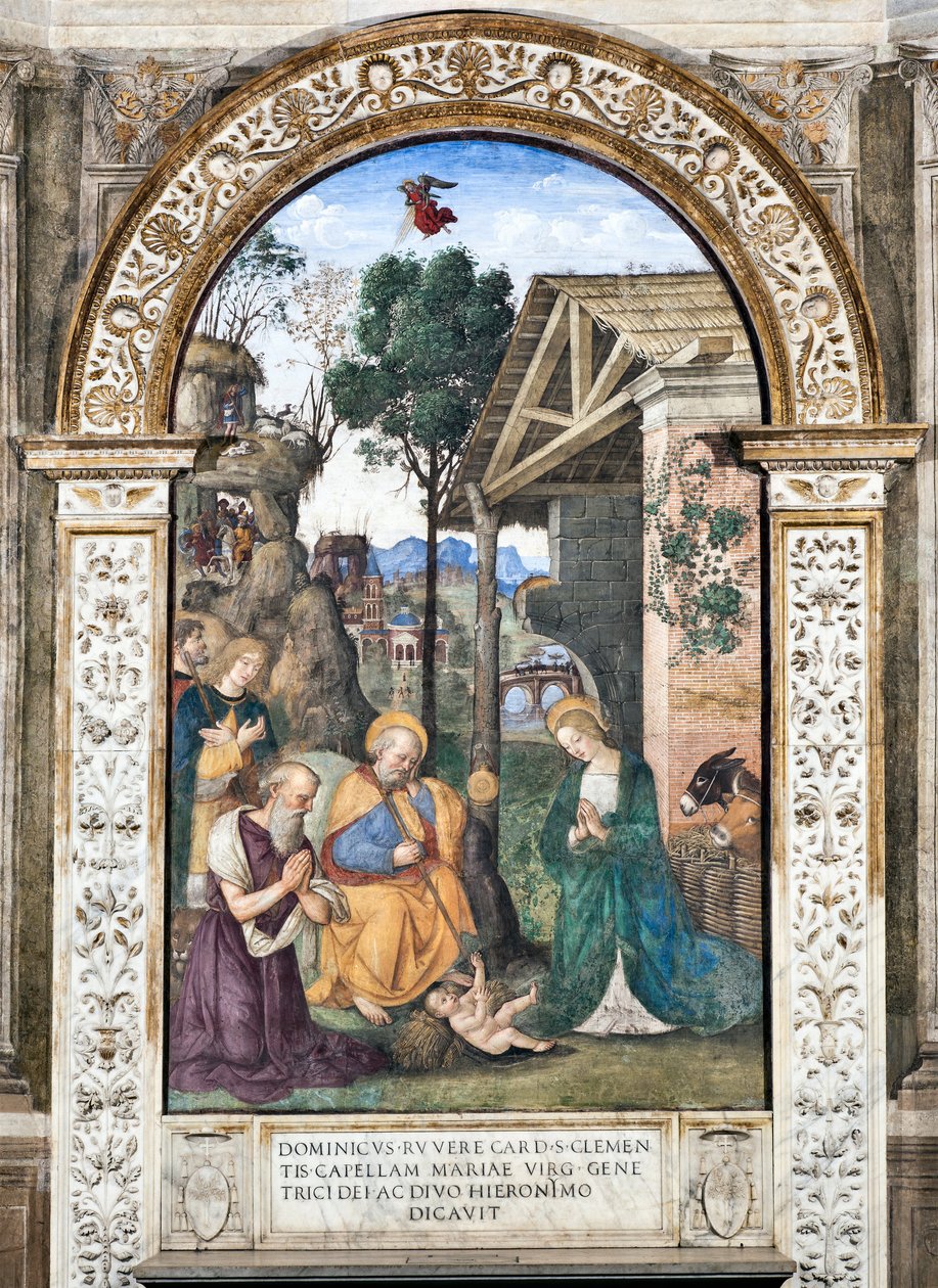 Aanbidding van de herders Fresco door Pinturicchio (Bernardino di Betto) (1454-1513) 1484-1492 Basiliek van Santa Maria del Popolo, Cappella Basso della Rovere Rome Italië door Bernardino di Betto Pinturicchio