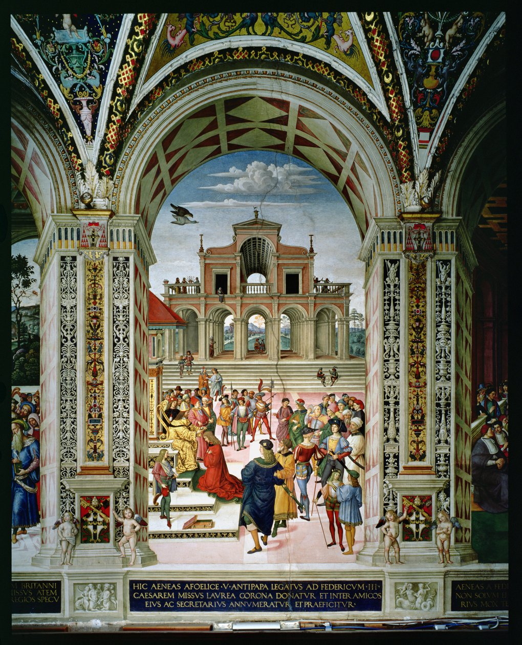 Aeneas Sylvius Piccolomini wordt tot Dichter Laureaat Gekroond door Frederik III in 1442 door Bernardino di Betto Pinturicchio