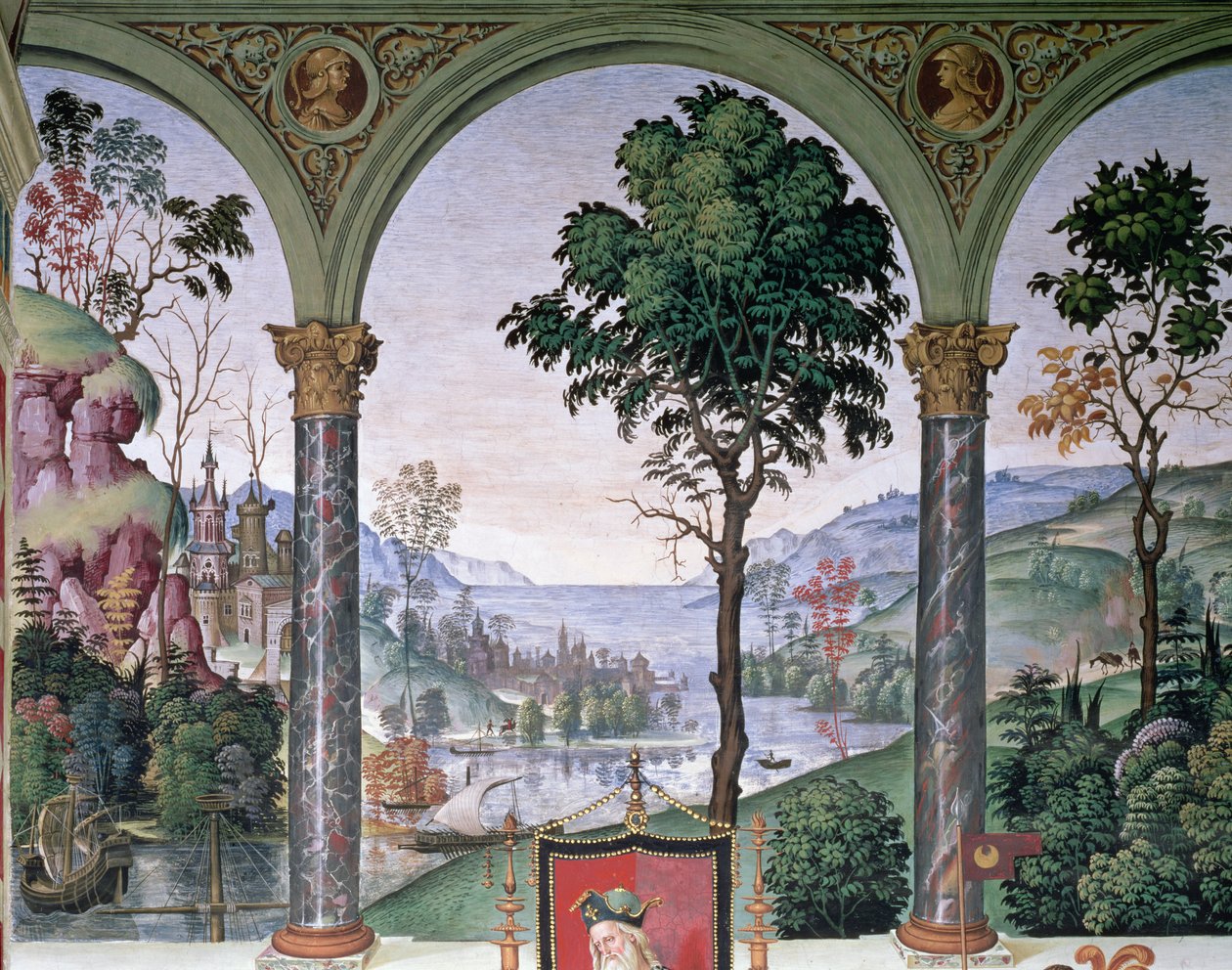 Achtergrondlandschap gezien door de loggia (detail) door Bernardino di Betto Pinturicchio