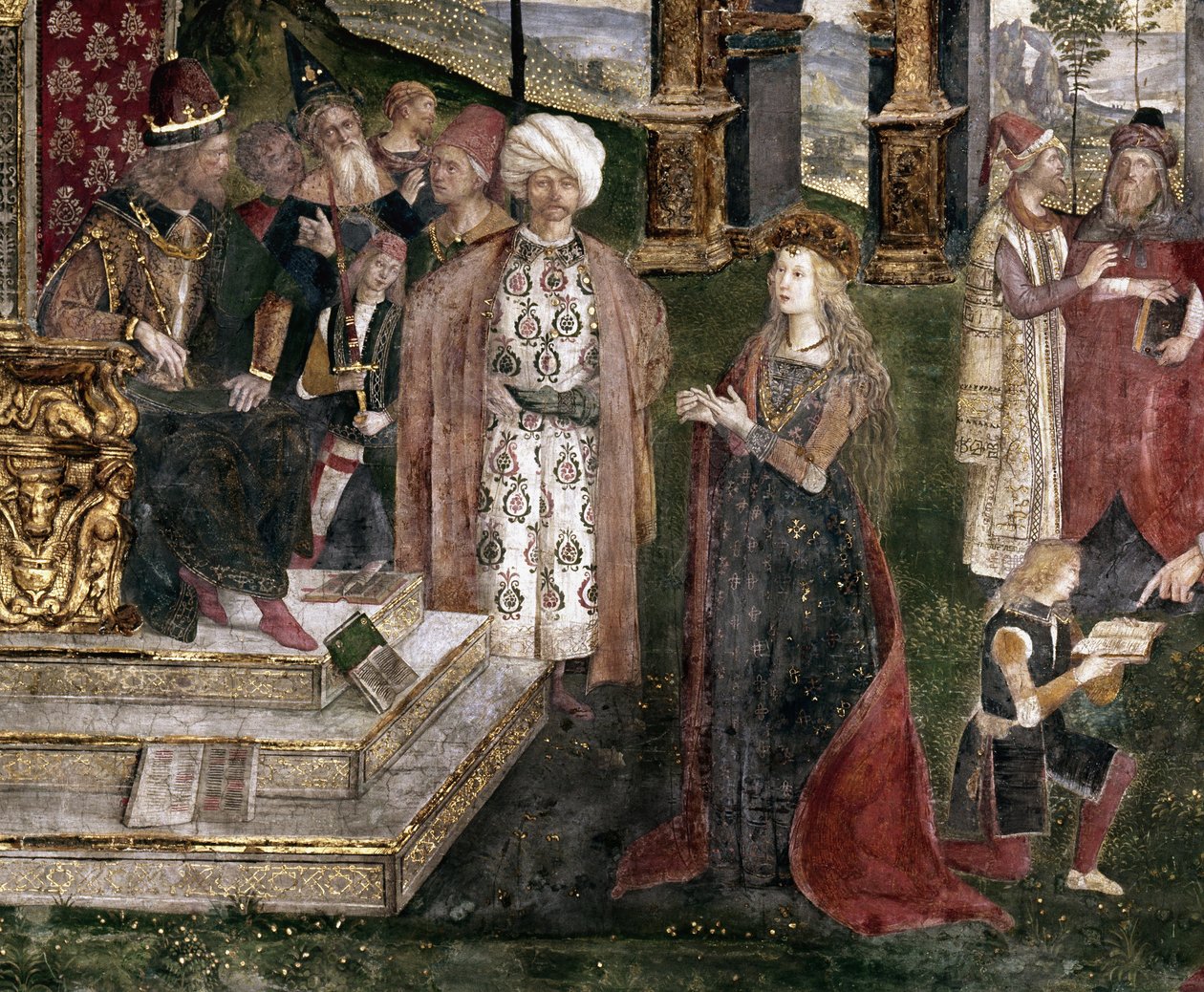 Detail van het geschil van St. Catharina van Alexandrië met de filosoof, voor de Romeinse keizer Maxentius door Bernardino di Betto Pinturicchio