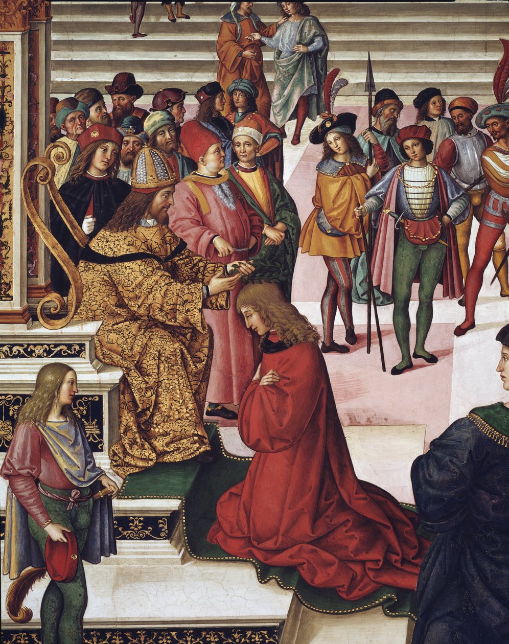 Enea Silvio Piccolomini (Pius II) gekroond tot dichter door keizer Frederik III (detail) door Bernardino di Betto Pinturicchio