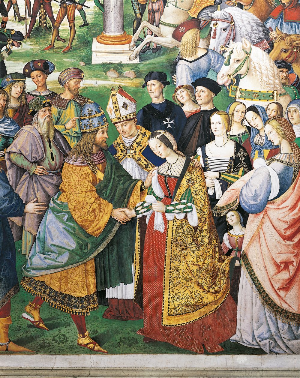 Italië, Siena, Kathedraal, Piccolomini Bibliotheek, Enea Silvio Piccolomini, bisschop van Siena bij de kroning van Frederik III en Eleonora van Aragon, detail uit Verhalen van Pius II door Bernardino di Betto Pinturicchio